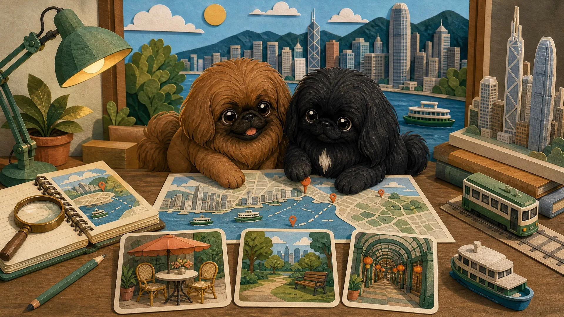 Missy 同 Muffin 喺 DogDogHK 資料搜集枱前研究香港狗狗友善出遊地圖