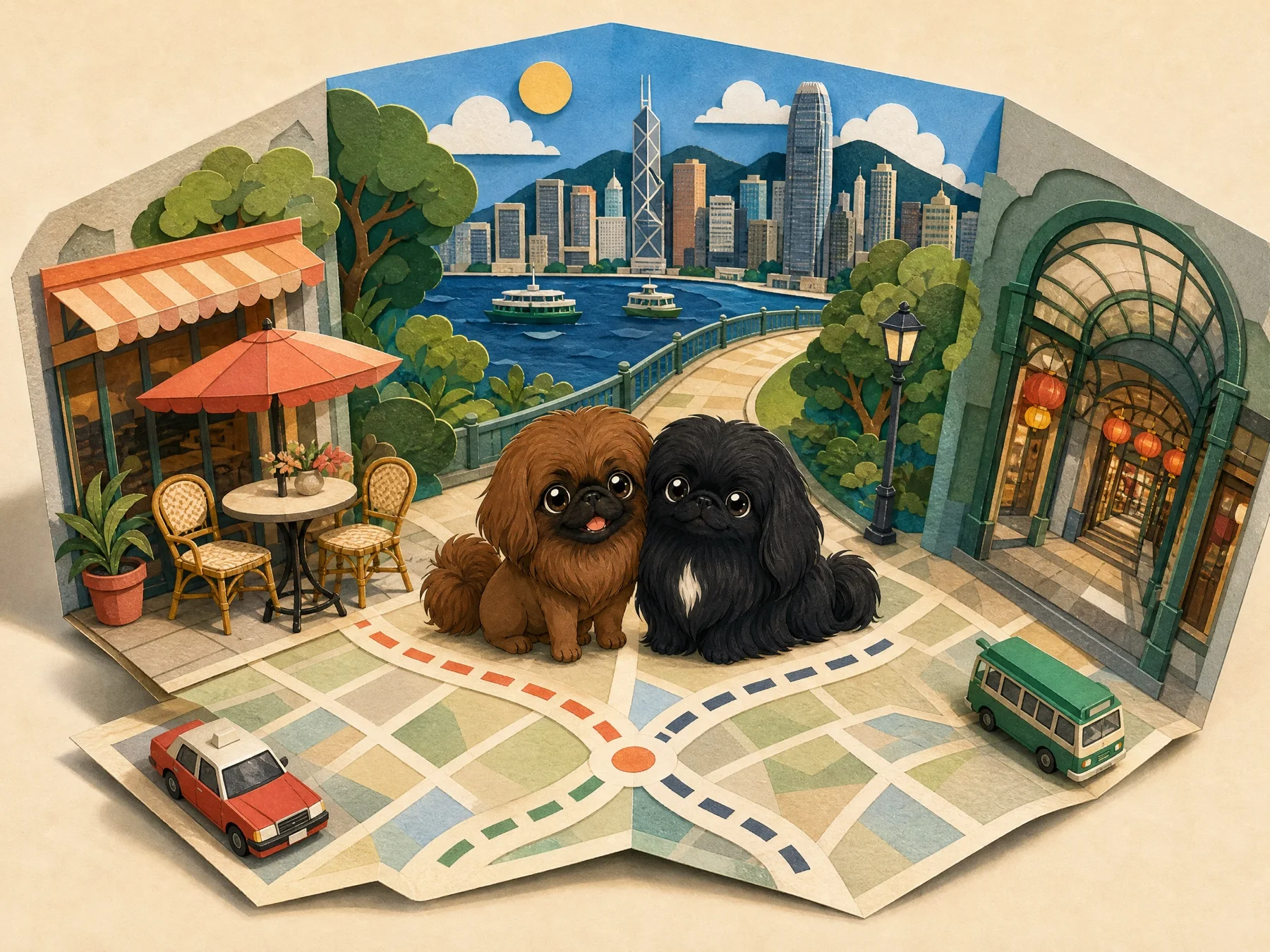 Missy and Muffin standing on a folded Hong Kong map between a cafe, harbourfront park and covered mall entrance