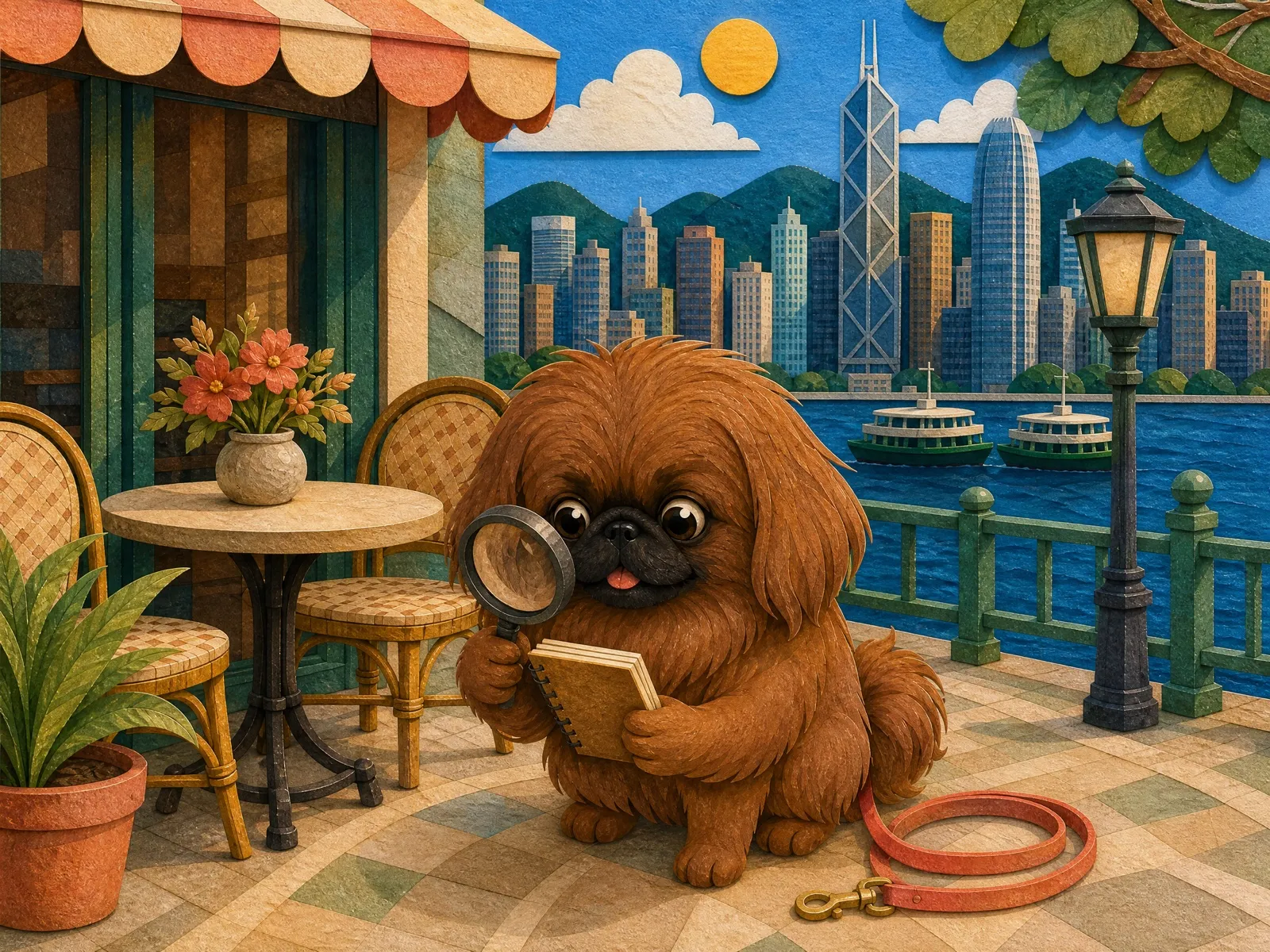 Missy 喺香港海濱 café 用放大鏡同記事簿做狗狗友善資料核對