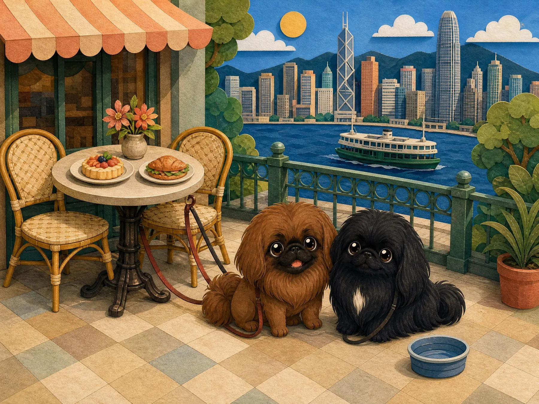 Missy 同 Muffin 喺香港海旁 café 地面安坐,短狗繩扣好,水兜同人用餐具分開